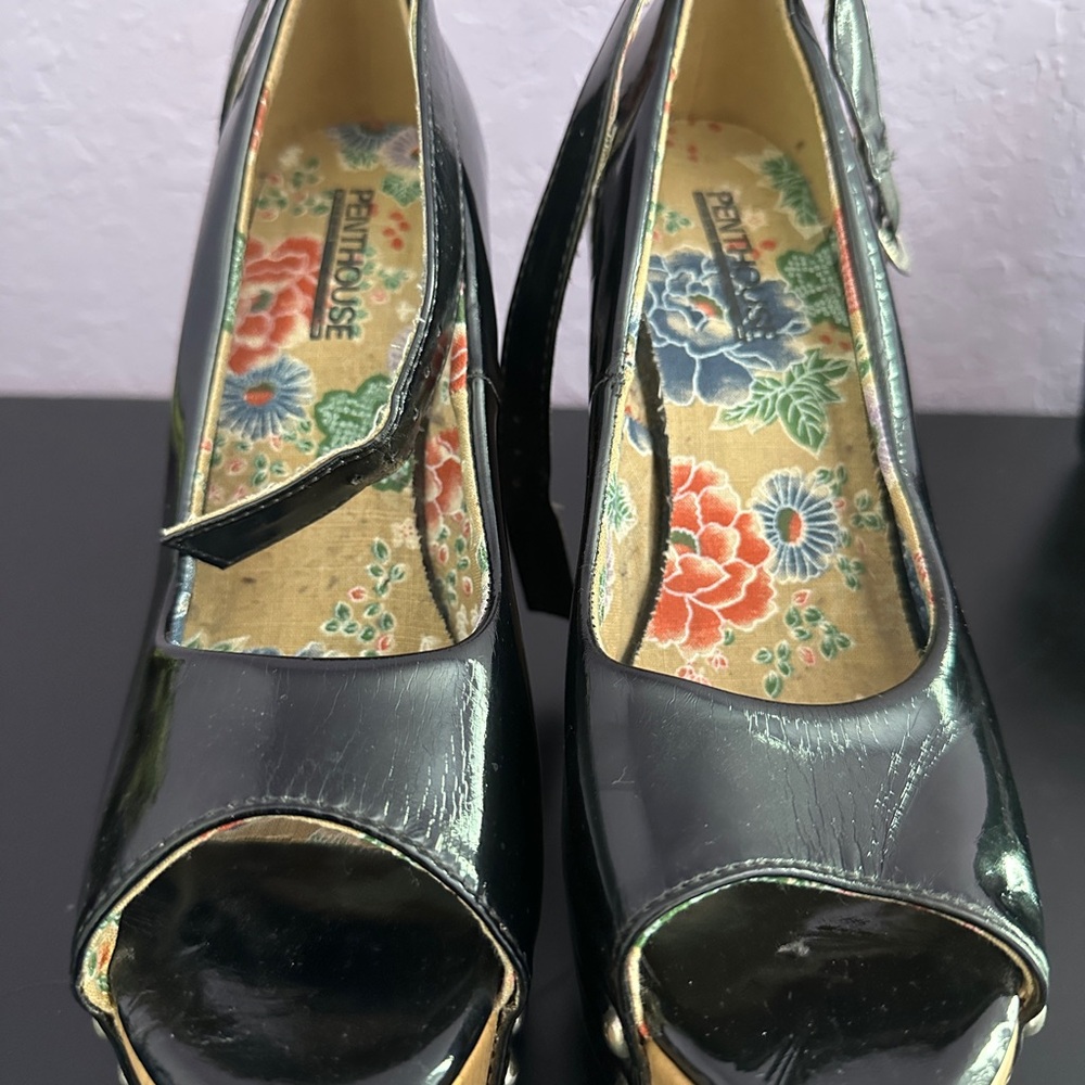 Black Patent Peep Toe Wedge Heels